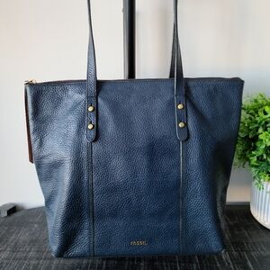 Fossil Leather Navy Blue Tote Bag